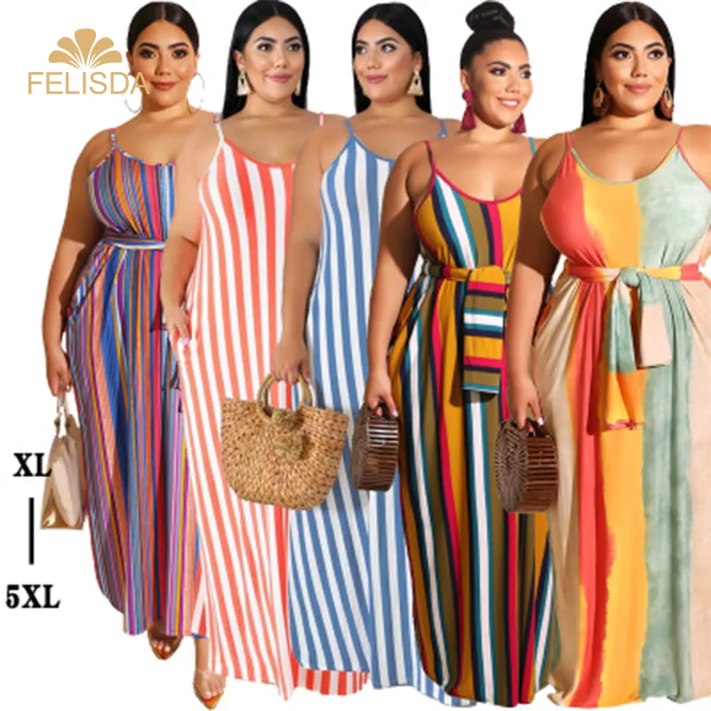 

FELISDA Casual 3XL 4XL 5XL Oversized Dress Women Halter Shoulder Striped Loose Sashes Sling Summer Maxi Plus Size Dress 2020