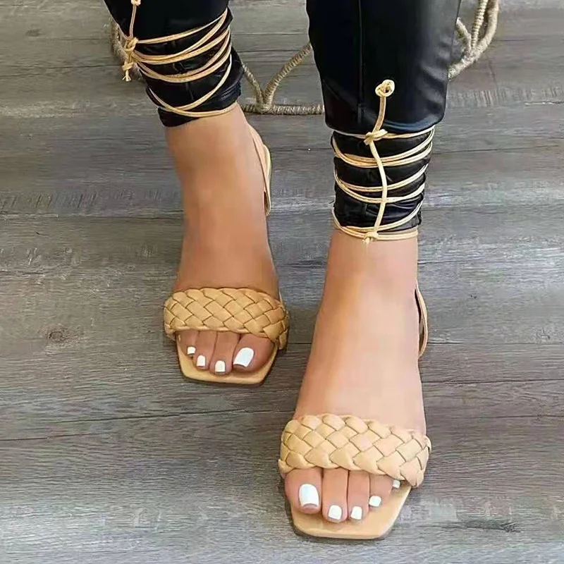 

CRX07 Ins Popular Flat Tie Up Sandals 2021 Trendy Square Toe Lace Up Sandals, As picture or custom