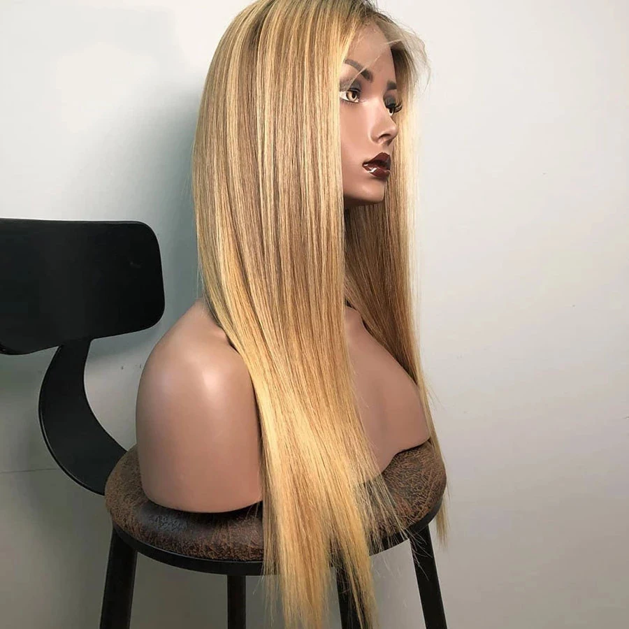

13*4 Blonde Straight Lace Front Human Hair Wigs With Baby Hair Pre Plucked Ombre Lace Front Wig 1b/27# color Wigs Remy Glueless