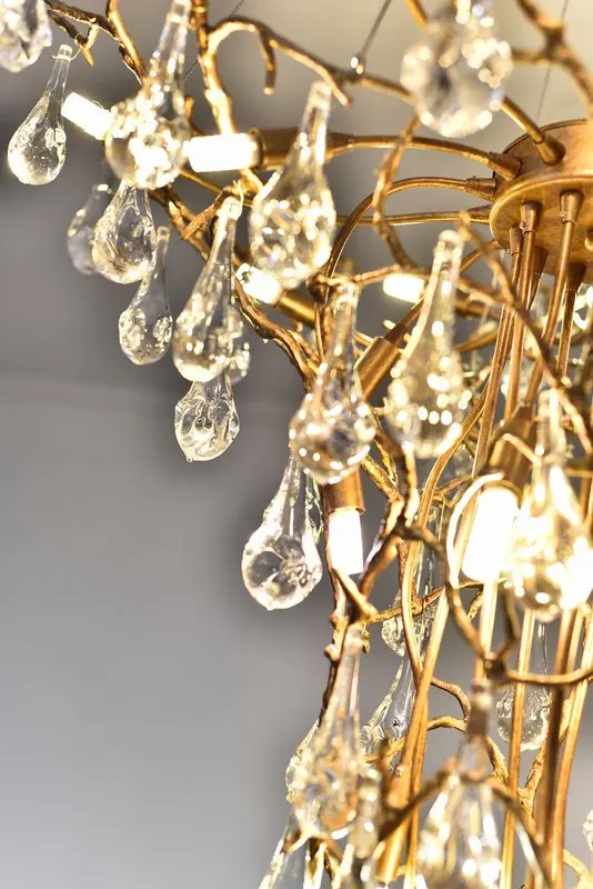 MEEROSEE Modern Hotel Large Tree Branch Chandelier Brass Hanging Light Fixture Crystal Long Chandelier for High Ceiling MD87001