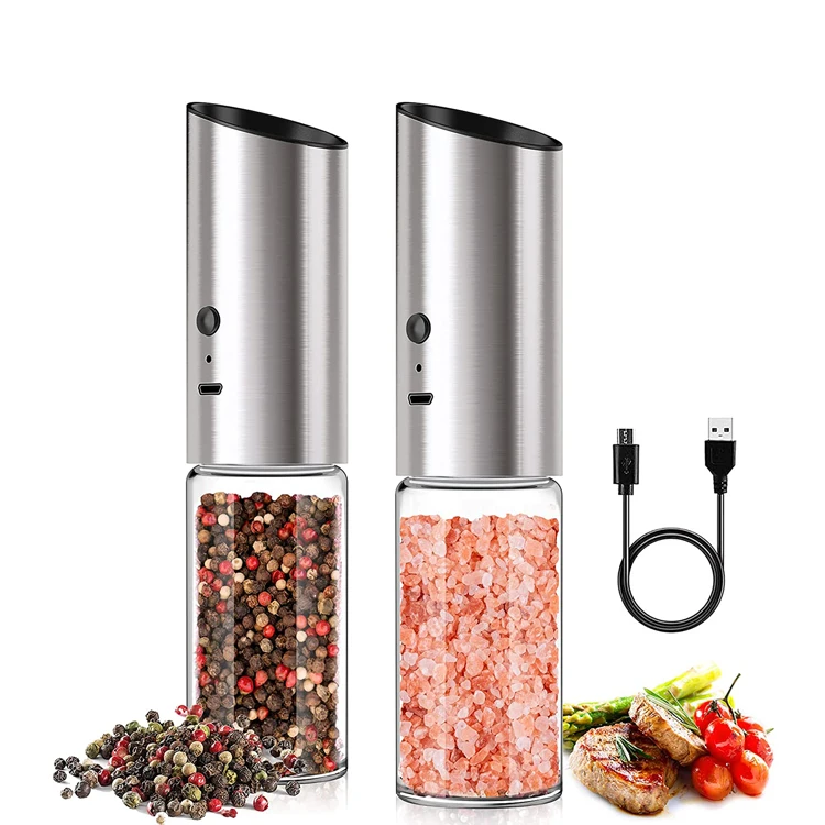 

Amazon Hot Sale USB Rechargeable Gravity Electric Pepper And Salt Grinder Stainless Steel Body Glass Pepper mill, Silver