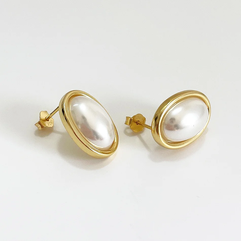 

Korean Fashion Sterling Silver Pearl Stud Earring S925 Gold Plated Oval Round Pearl Silver Earring