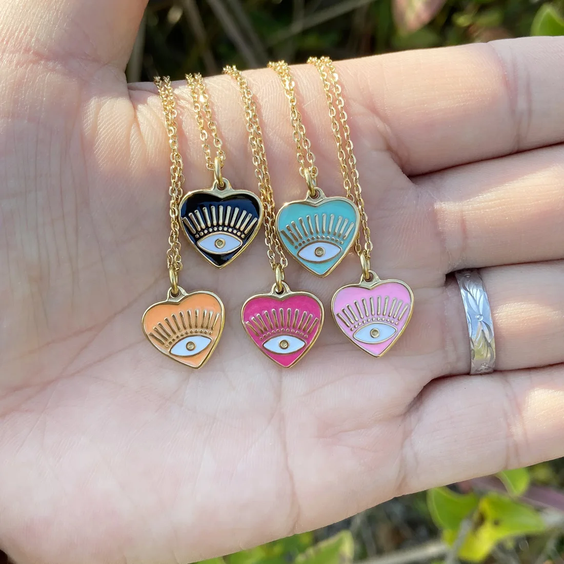 

INS Hot Design Real Gold Plating Colorful Oil Drip Heart Necklaces Multi Color Enamel Evil Eyes Necklaces For Girl Women