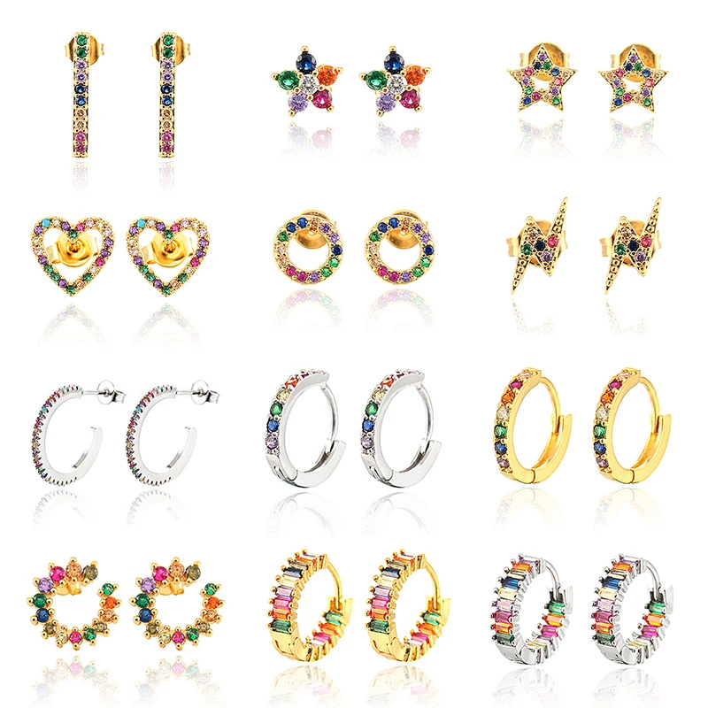 

Luxury gold heart earrings lightning star mixed color diamond zircon copper earrings for women jewelry wholesale