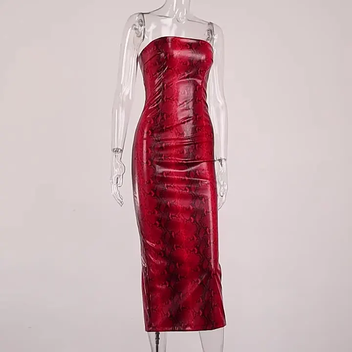 

Sexy Snake Skin Print Strapless Midi Dress Sleeveless Off Shoulder Party Club Outfits Women's Bodycon Split Dress, As pictures