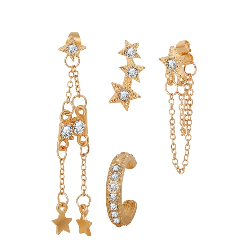 

New Trendy Multiple Piercings Gold Plated Chain Tassel Star Dangle Earrings Set for Statement Ladies