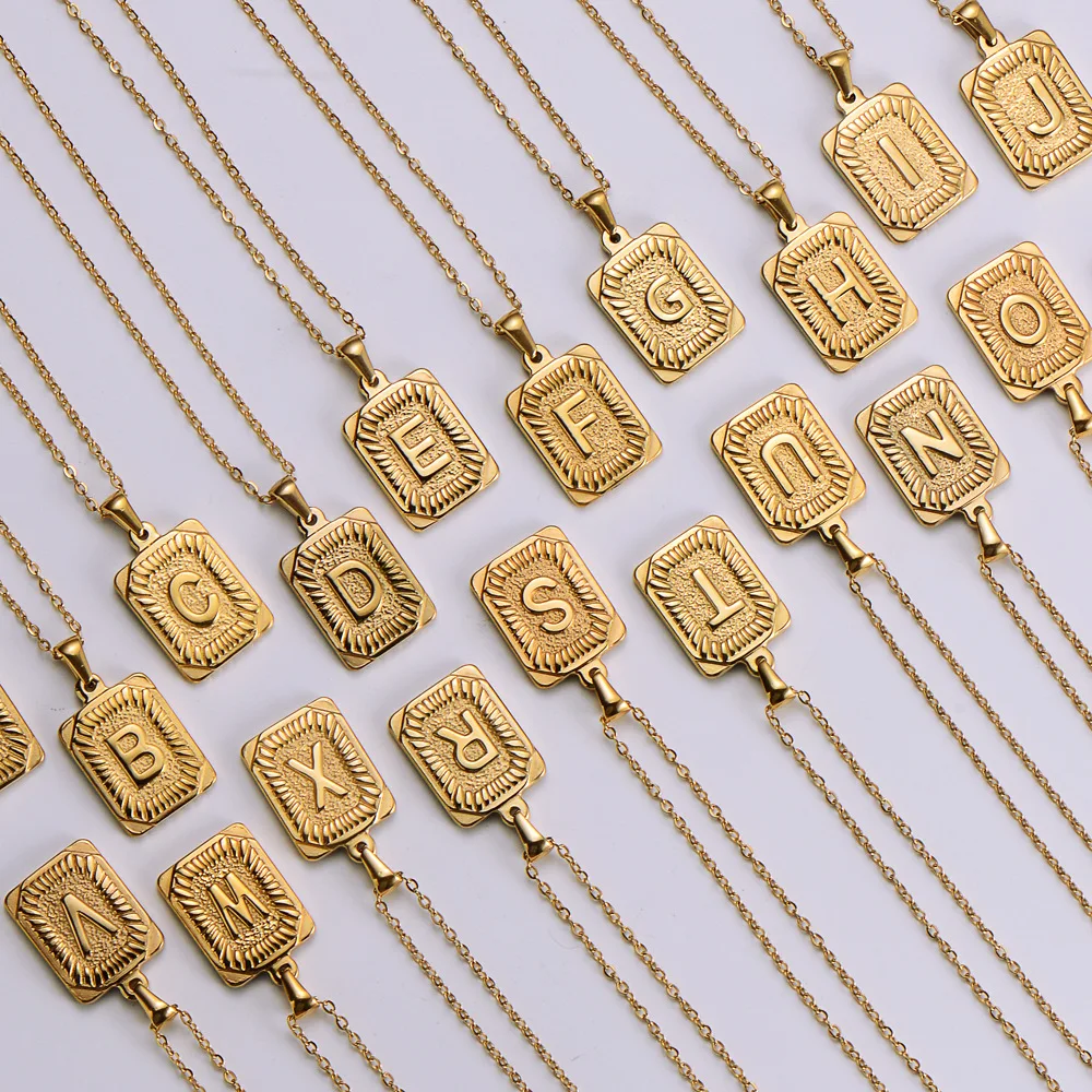 

New Arrival 18K Gold Stainless Steel Square Alphabet Letters A-Z Initial Hip Hop Necklace Pendant Necklace