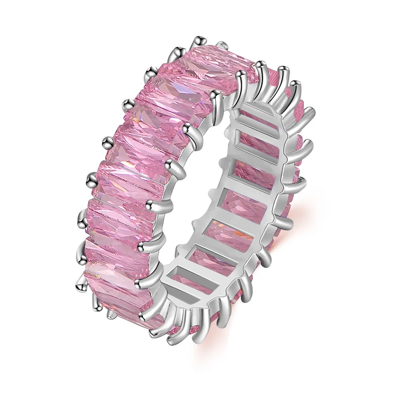 

2021 Fashion White Gold Plated Rectangle Cubic Zirconia Rings Pink Baguette Zircon Finger Ring