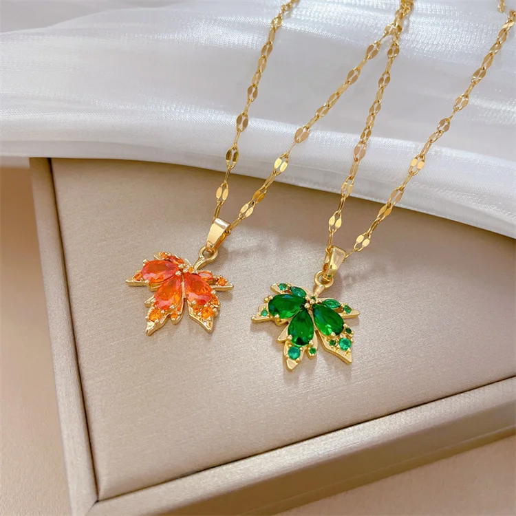 

Hot Selling Trend Titanium Steel 18k Gold Plated Luxury Personalized Red Green Maple Leaf Necklace