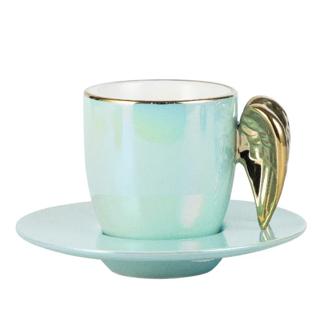 

Creative cup and saucer set porcelain tea coffee set with wing handle, Blue,white & pink