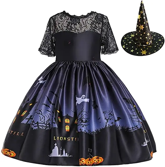 

Halloween Costume With Witch Hat Kids Fancy Party Cosplay Dress Up Outfits Ghost Pumpkin Skull Printed Dress