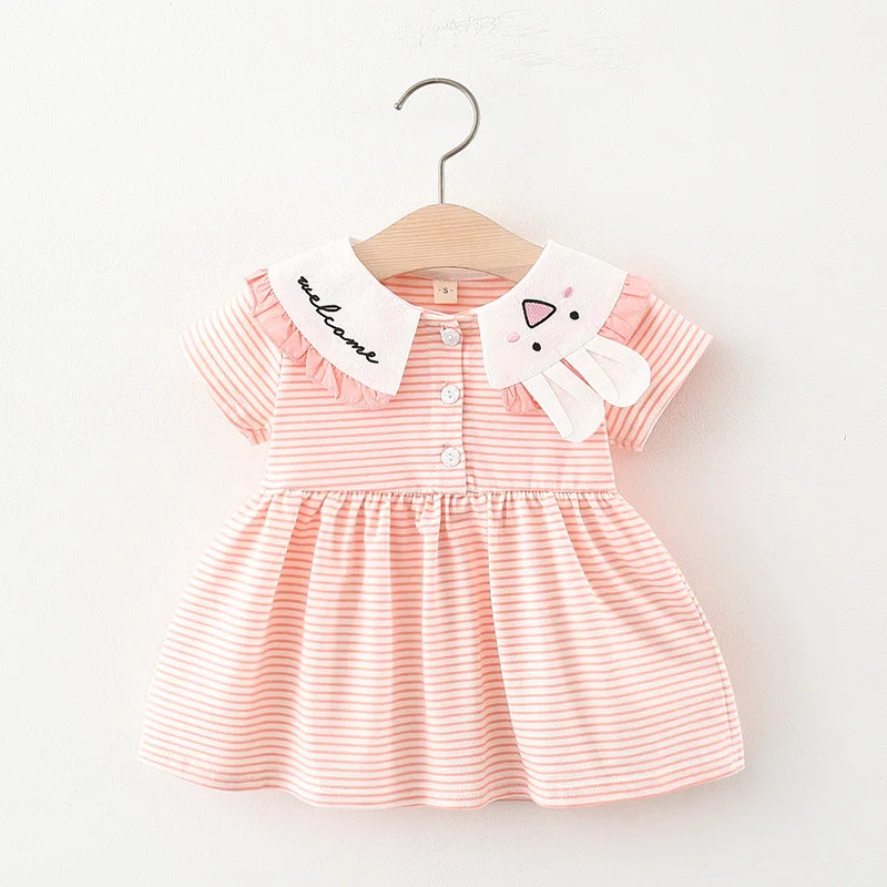 

Summer new style female baby letter rabbit ear collar striped stitching gauze skirt, As shown