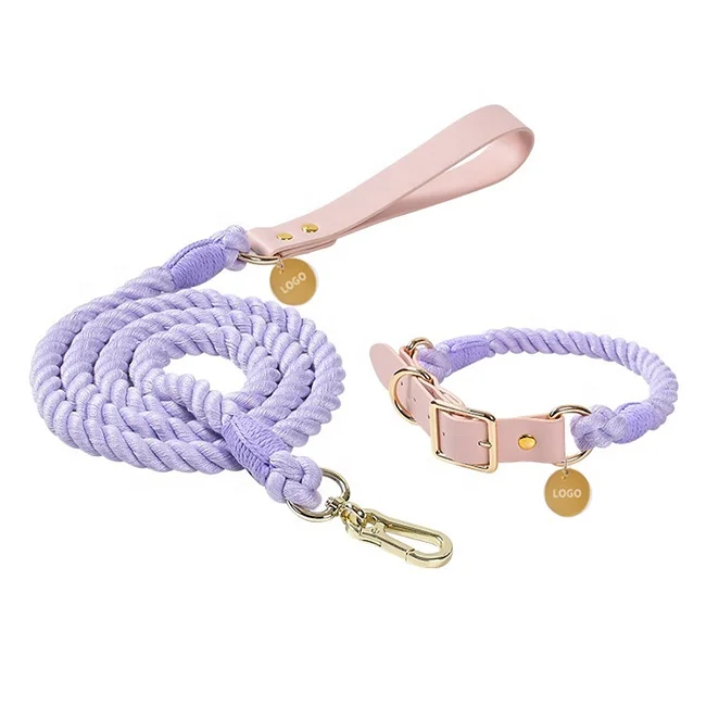 

Leather Dog Leash Set PU Custom Braided Adjustable Soft Handle Cotton Rope Dog Collar Leather Luxury With Tag, Solid colors, ombre colors