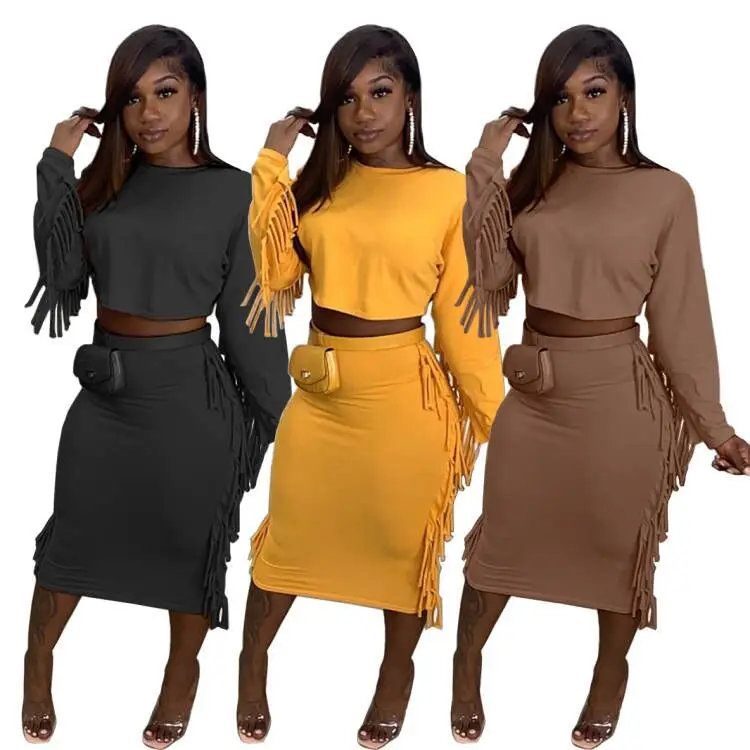 

Amazon Hot Sale Casual Crop Top Sexy Skirt Tow Piece Set Plus Size Dresses With Side Tassel For Office Lady, 3 colors in stock