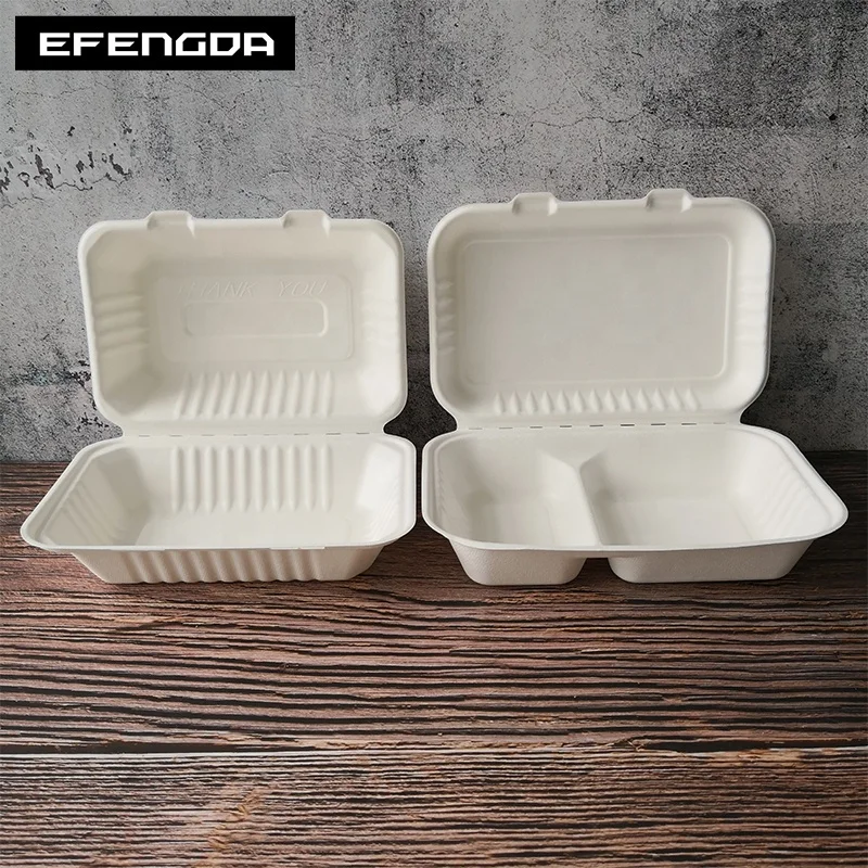 

biodegradable eco friendly disposable bagasse sugar cane take away clamshell sugarcane food container lunch box packaging, White / light brown
