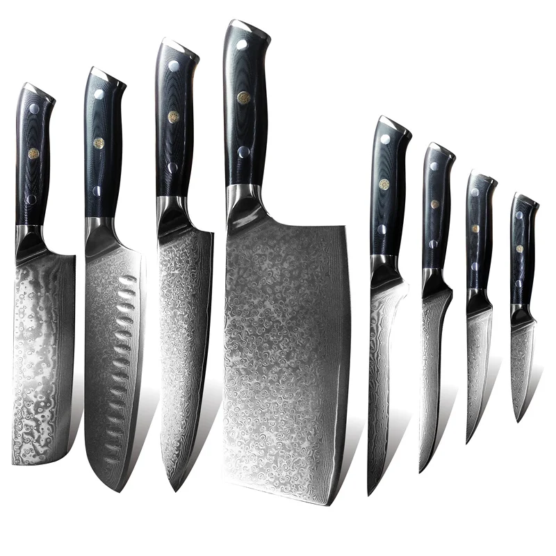 

Dropshipping 8 pcs Oem custom Logo VG10 damascus steel extremely sharp black kitchen knife set With G10 handle, Silver