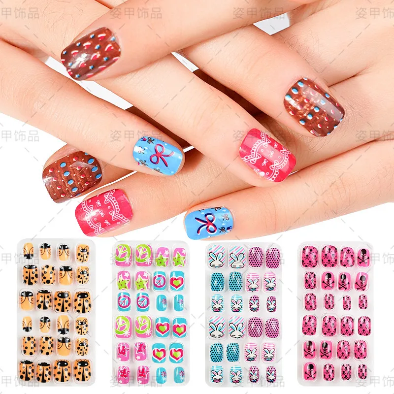 

Pre glued Press On Nails For Girls Cute Glitter Ready To Wear Nails Fale Nails Acrylic 24pcs Manicure