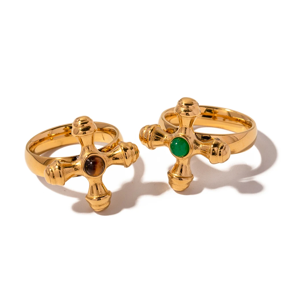 Retro 18K PVD Gold Plated Crossed Green Agate Tiger Eye Jewelry Natural Stone Cross Rings for Women