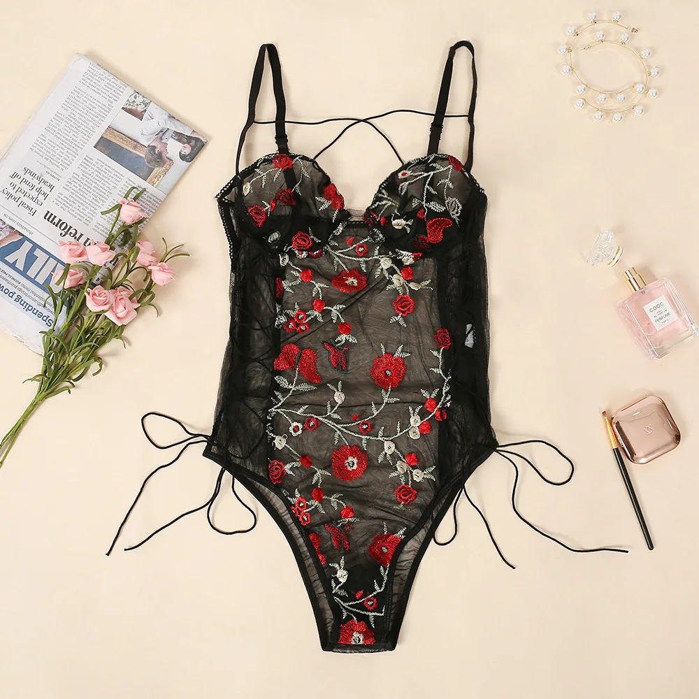 

Women Bodysuit Tempting Embroidery Lace Halter Sexy Lingerie Bandage Underwear See-through Night Lenceria