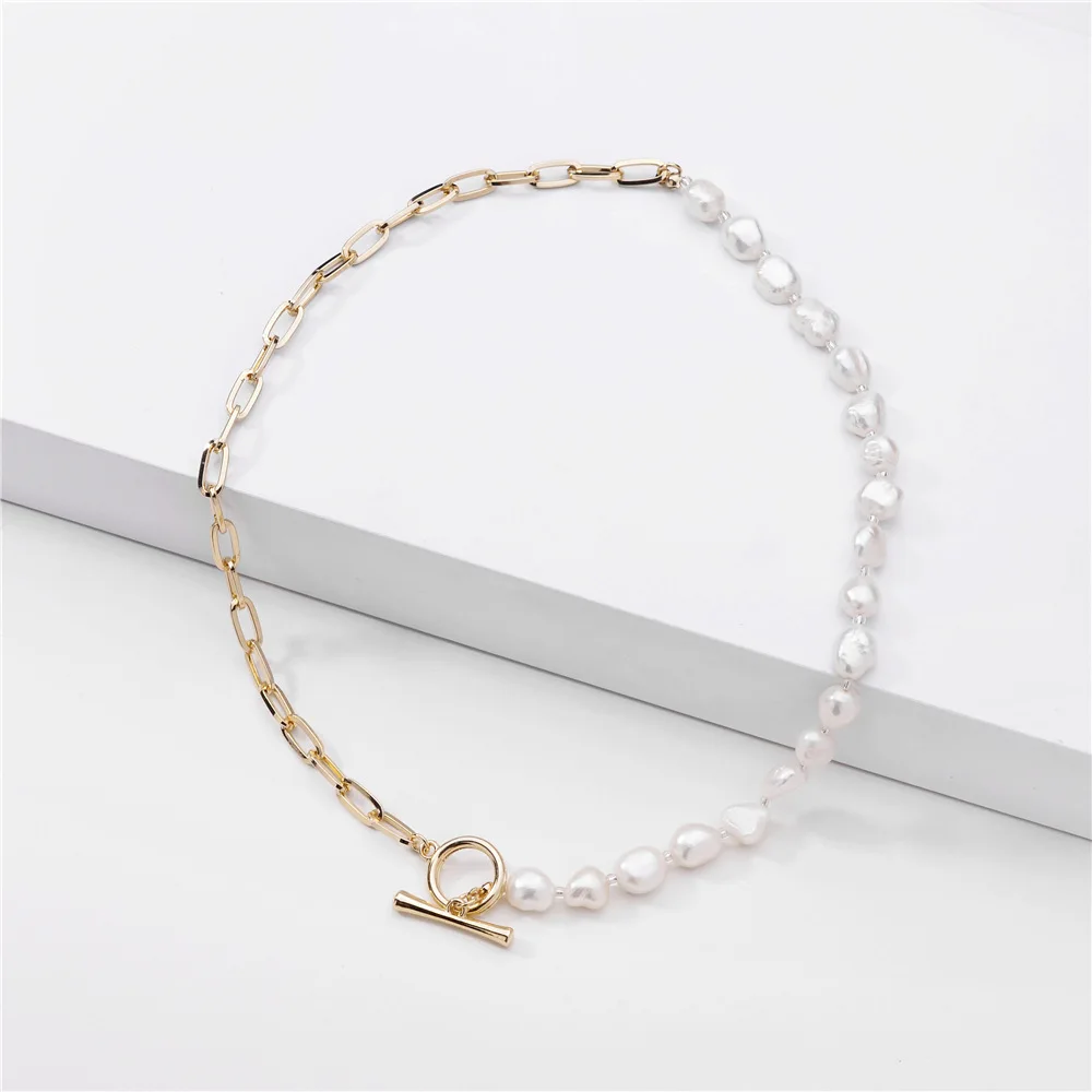 

Fashion Gold Plated Rectangle Link Chain Pearl Necklace Freshwater Baroque Pearl Beaded Chain Hollow Circle Pendant Necklace, Picture color