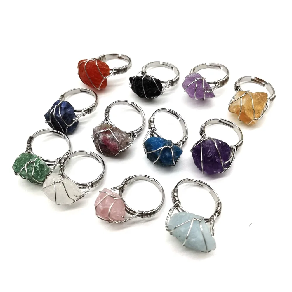 

Rough Irregular Genuine Stone Adjustable Ring for Women Gemstones Jewelry Raw Stone Ring, Silver