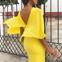 

Summer Fashion Women Elegant Yellow Elegant Evening Dress Sheath Casual Dress Solid Backless Flared Sleeve Women Bodycon Dress