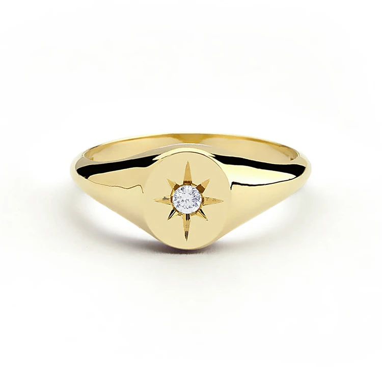 

18K gold plated diamond star signet ring 925 sterling silver starburst rings