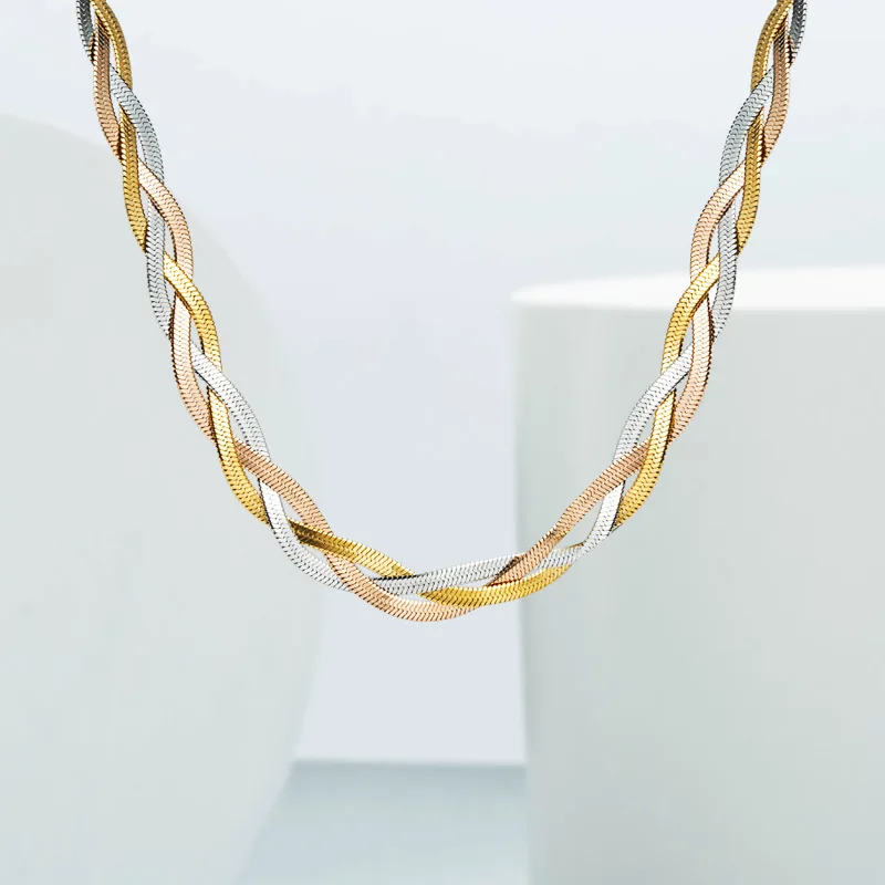 

Triple Layered Snake Chain Choker Necklace Twisted Herringbone 316L Stainless Steel Necklace Plain Minimalist Hip Hop Jewelry, Gold