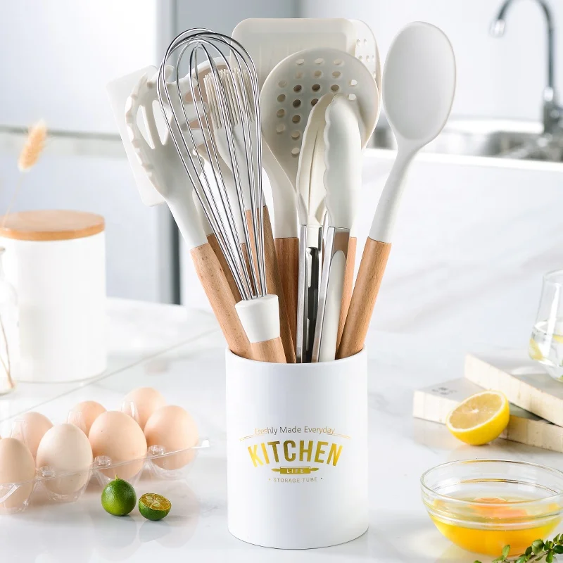 

Kitchen Cooking Utensil Set Wooden Silicone 10pcs in Milky White color