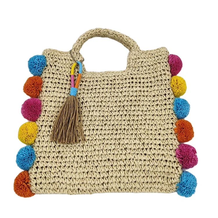 

OEM unique designs custom tote straw bag for women beach clutch handbag with pom pom, Natural