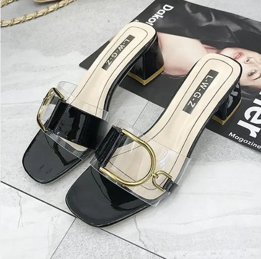 

2021 new fashion Transparent buckle slippers women sandals slides summer slippers block high heels ladies shoes