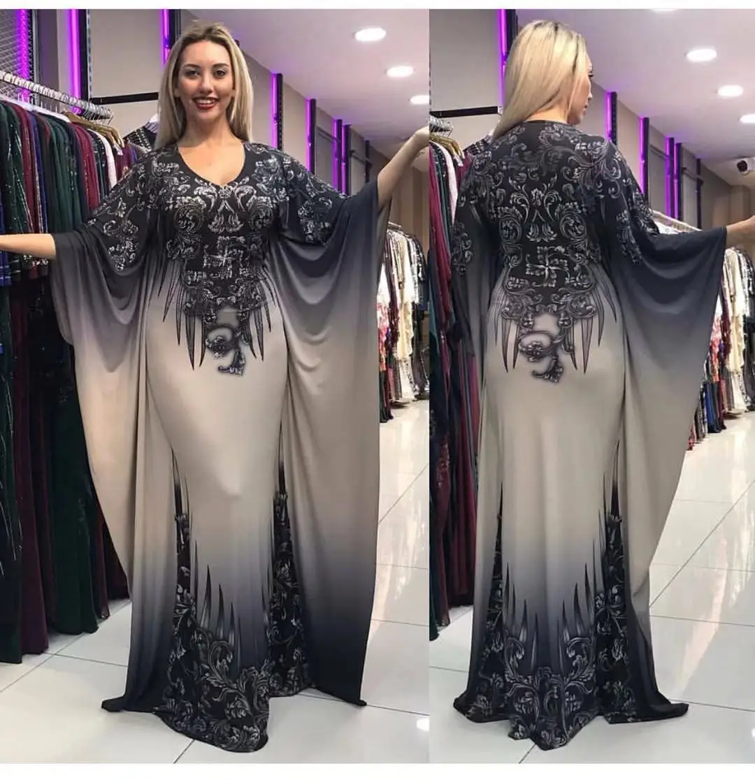 

Fashion Cotton One Piece African Loose Long Sleeve V-Neck Printed Bat Dashiki Style Traditional Dress For Lady, Shown
