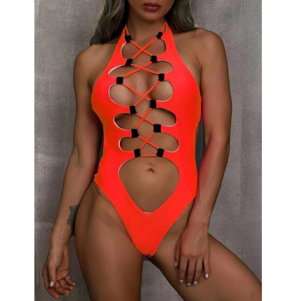 

JS1801 summer new arrivals beach halter ladies swimwear sexy cross string one piece hollow out swimsuits for women 2021, As shown