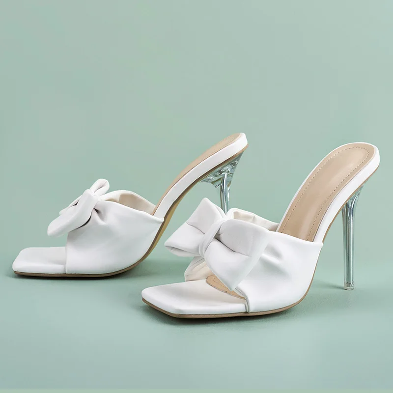 

100895DEleventh Shoes Woman Slippers Sexy Bowknot Crystal Heels Square Open Toe Sandals Stiletto High Heels Shoes Blue White