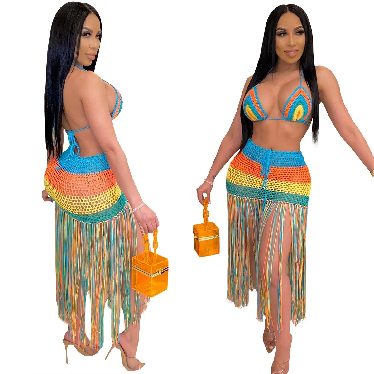 

KX-Z074 Colorful backless hollow out tassels 2 piece swimwear hand-crocheted fringed stripe knit swimwear cover up