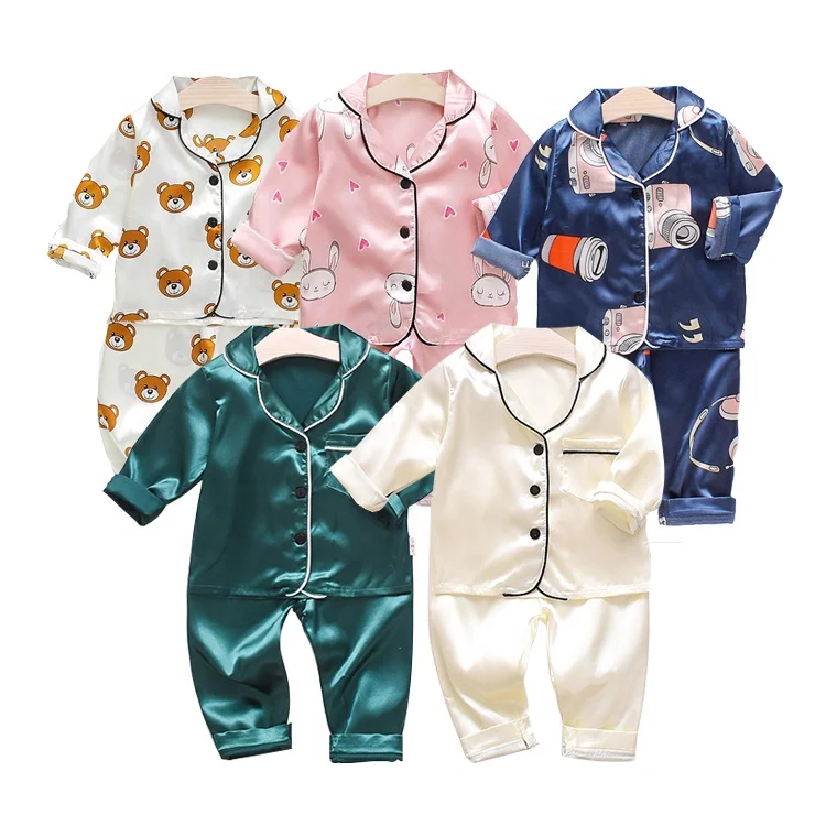 

baby clothes Fashion cartoon solid color print long sleeve silk satin sleepwear children's boys girls kids pajamas