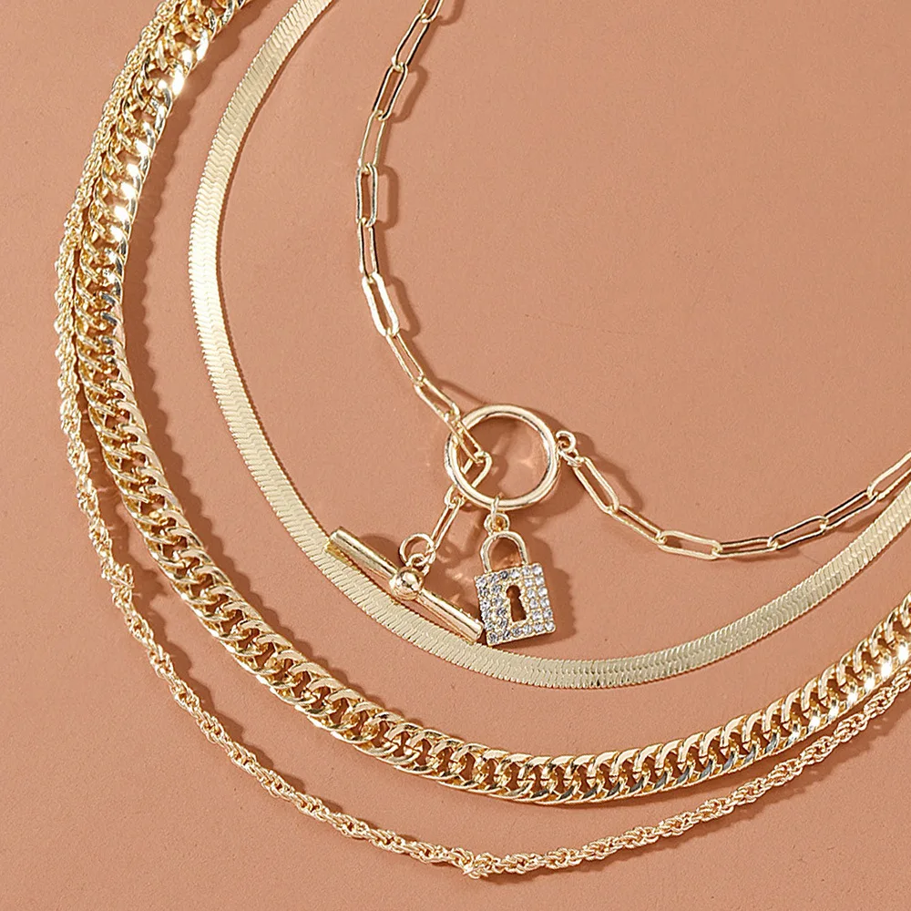 

wholesale Punk style rhinestone multilayer necklace luxury brand geometric lock pendant jewelry for women