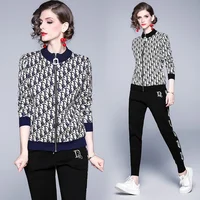 

In stock 2020 spring new arrival knitted fashion designer full sleeve top with printing jacket two piece set women clothing