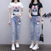 

2019 women clothing casual pants suit fashion cartoon pattern jeans and T-shirt two piece set