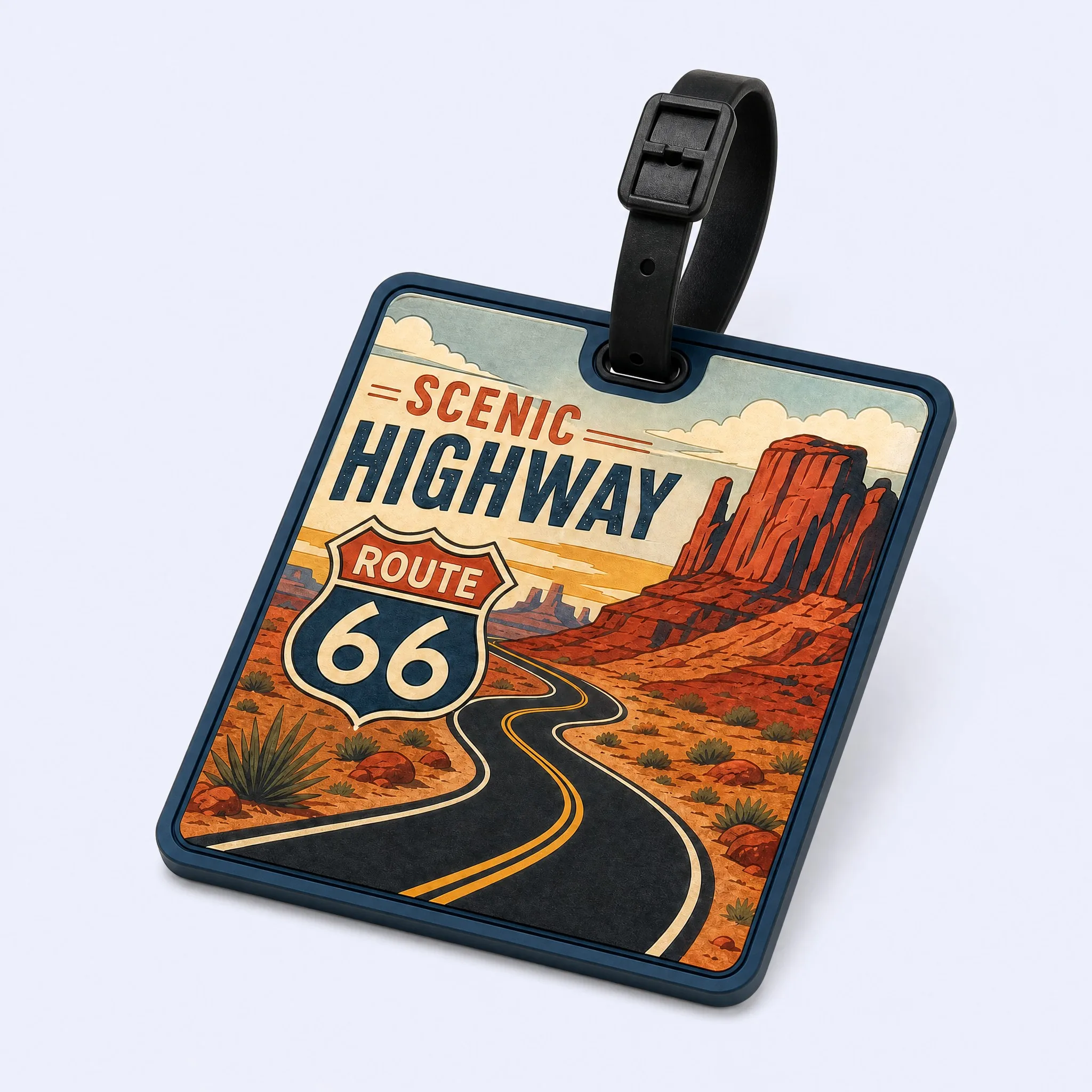 Custom 3D Soft PVC Route 66 Luggage Tag 45-Degree Perspective Multi-Layer Depth