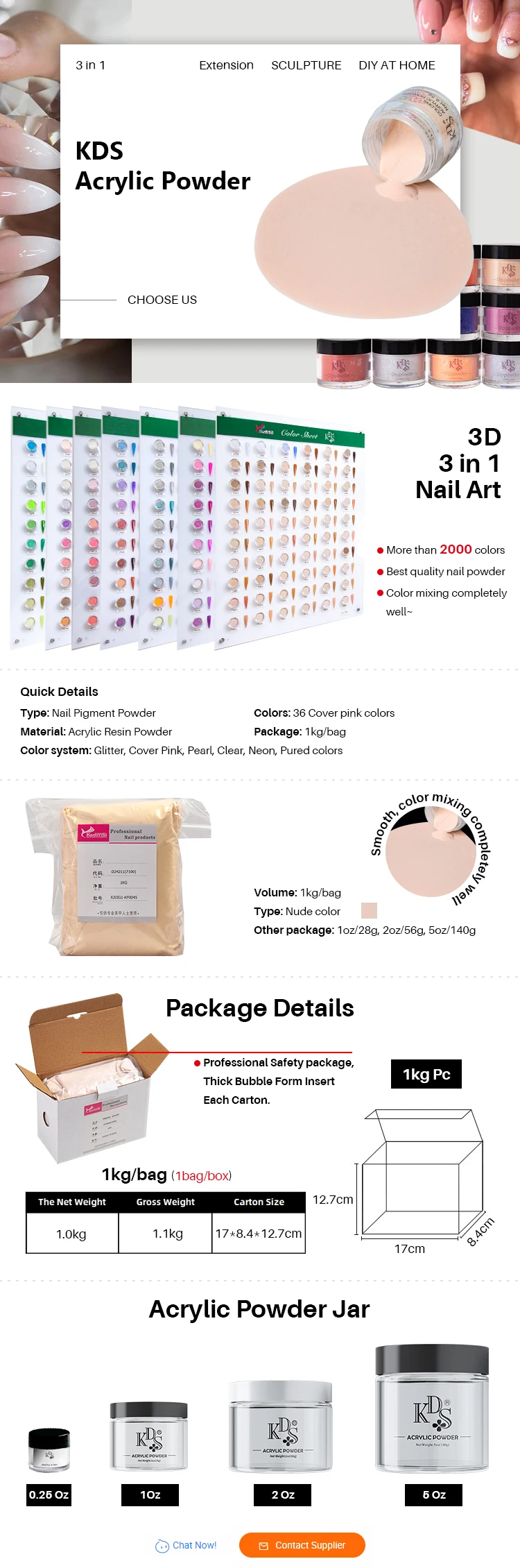 kds factory bulk sale pink white transparent nude pink color acrylic powder for salon