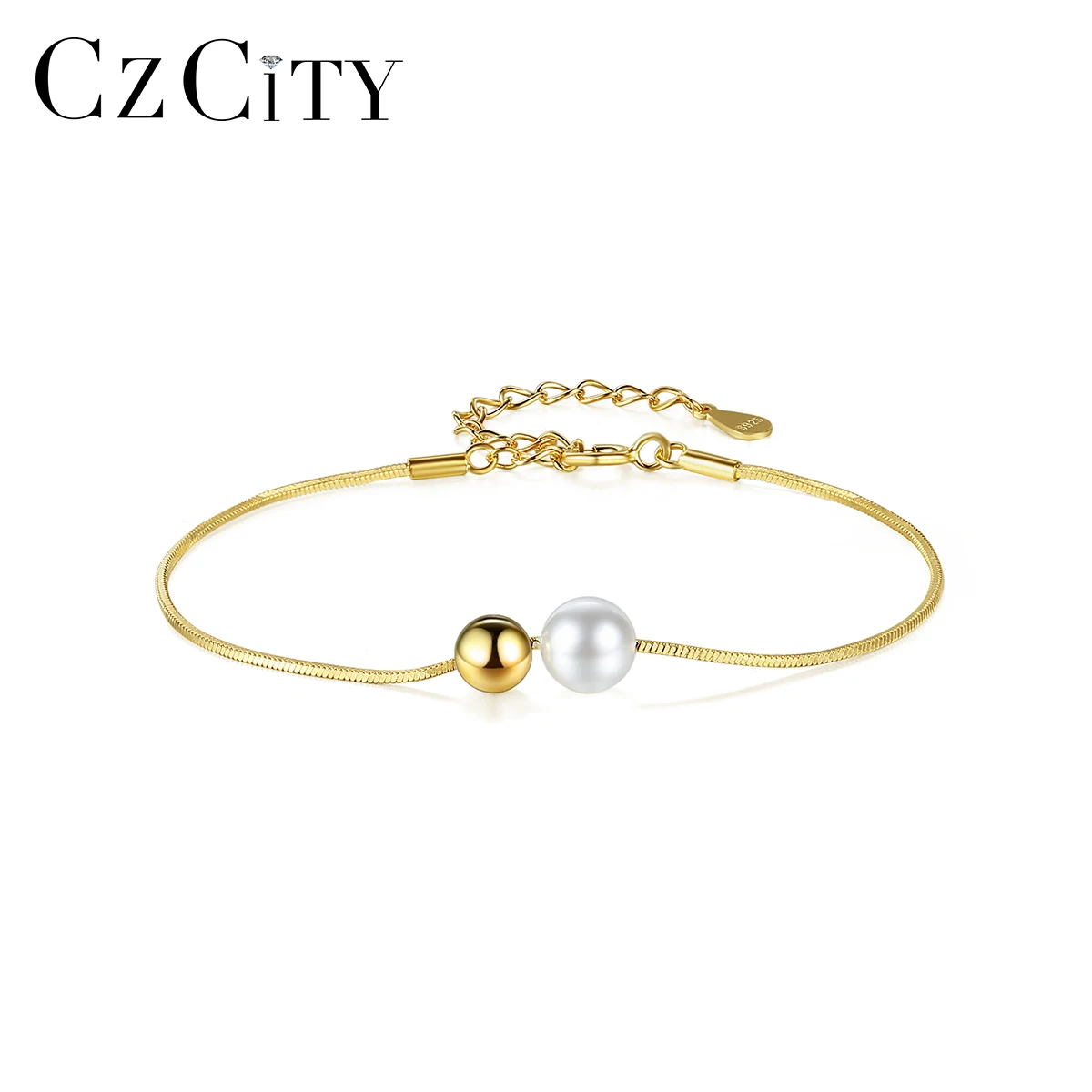 

CZCITY Beaded Gold Pearl Korean Girl Plated Jewelry Adjustable Silver Trendy 925 Snake Chain Bracelet