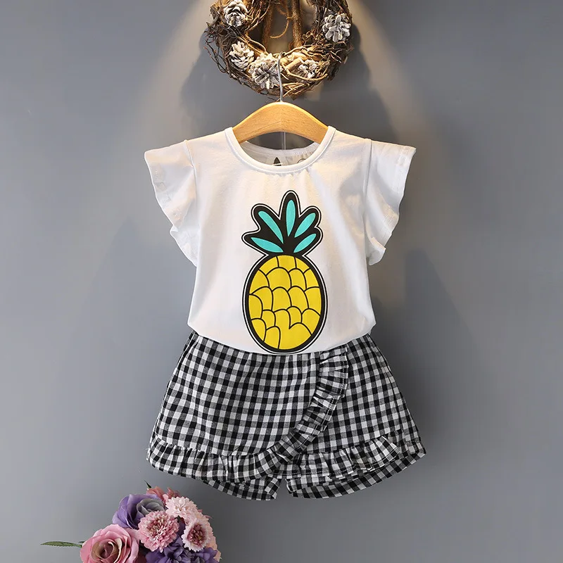 

2021 Summer Girls' Clothing Sets Cute Princess Fruit Short Sleeve T-Shirt +Printed Plaid Skirt 2PCS Suit Kids Clothes Children