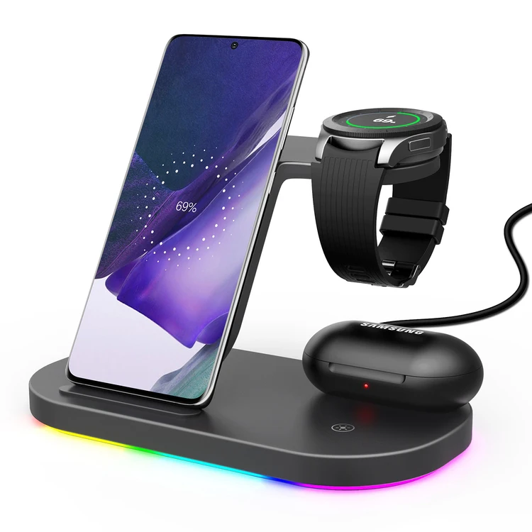 

Mobile phone holder 15W RGB light earphone box watch mobile phone can be charged with shell three-in-one wireless charger