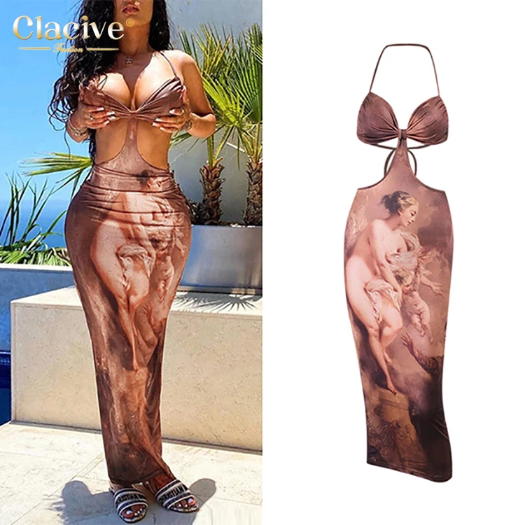 

Clacive 2021 Latest Design Muses Print Hollow Out Sleeveless Woman Maxi Dress Fashion Strappy Halter Summer Women Sexy Dresses, Brown