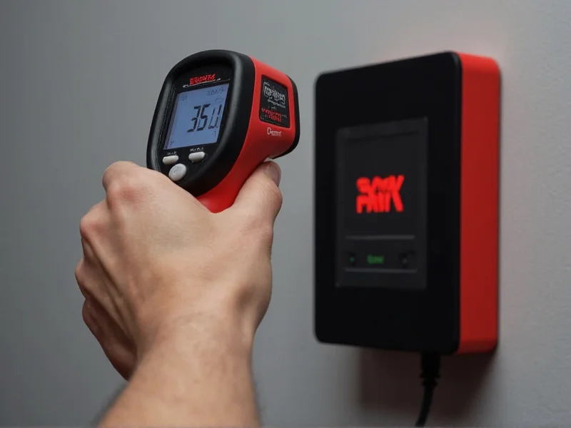 Infrared thermometer checking temperature on completed charging station