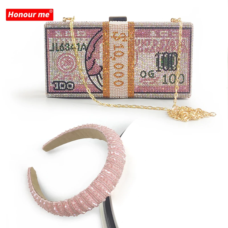 

Wholesale New Design Glitter Shiny Luxury Diamond Evening Clutch Bling Bag Money Rhinestone Bag With Headband Sets