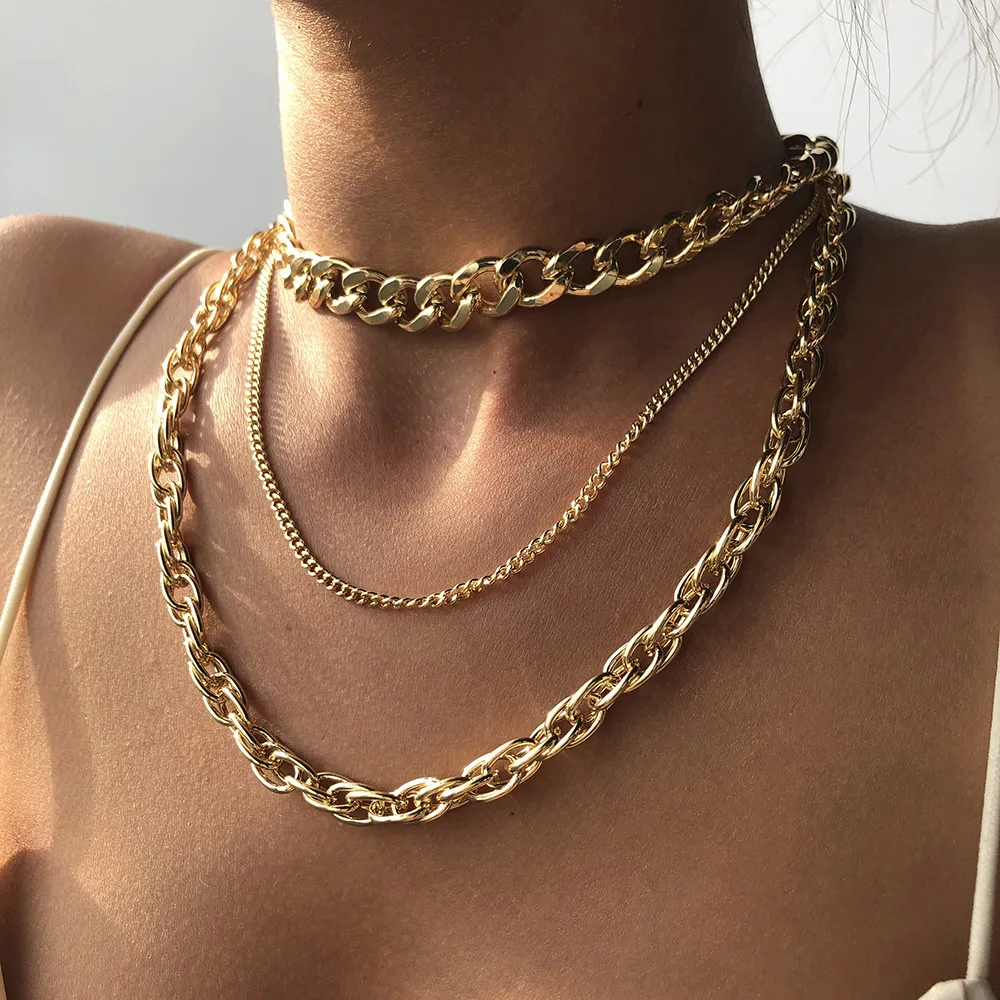 

Punk fashion no fade multi layer alloy thick womens cuban link chain hip hop chain necklace, Gold/steel