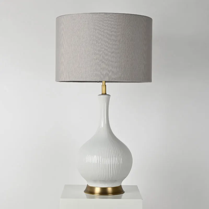 Living Room Bedroom Nightstand Brown Linen Drum Shade Spherical Ceramic Table Lamp