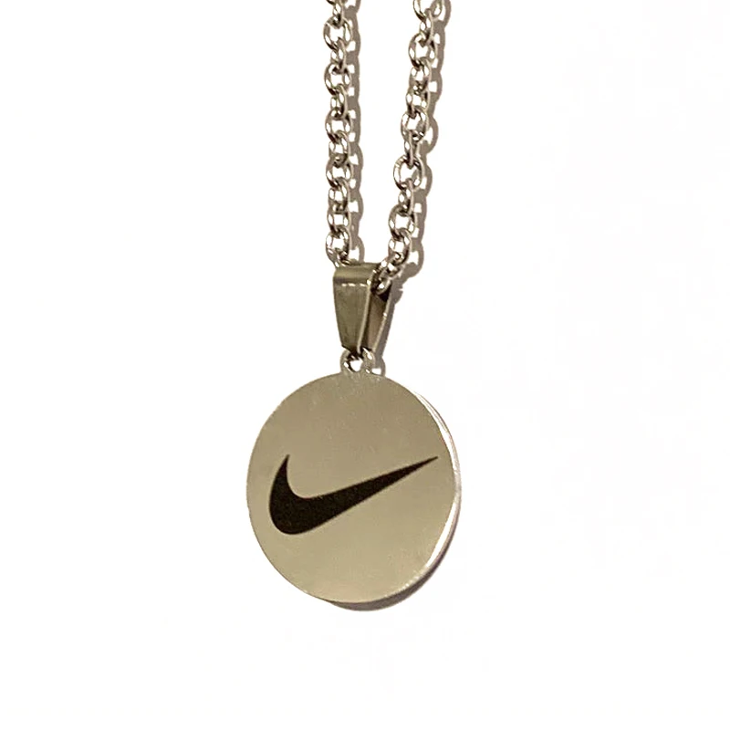 

Trendy Silver Inspired Chain Tick Necklace Men Women Swoosh Text Pendant Custom Stainless Steel Engravable Round Charm Necklace
